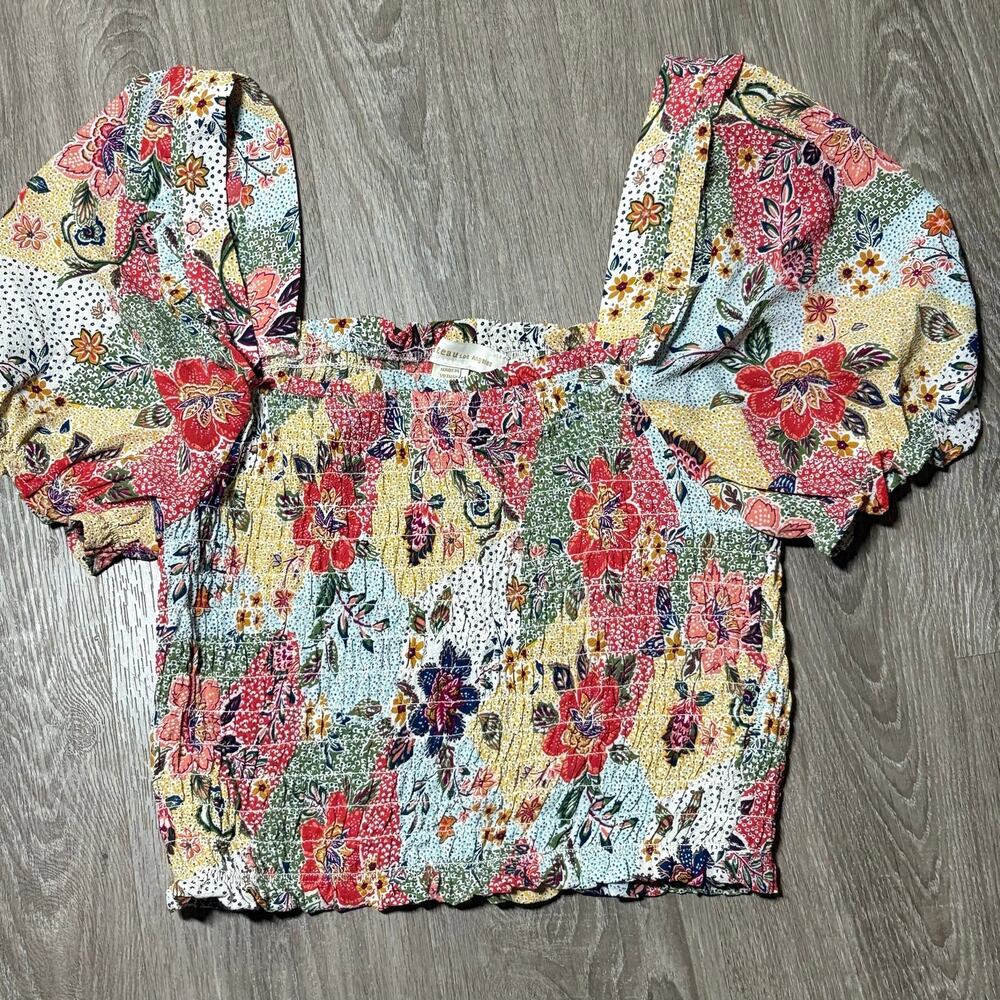 Monteau Los Angeles XL Smocked Milkmaid Crop Top Floral Patchwork Puff Sleeve - Picture 7 of 7